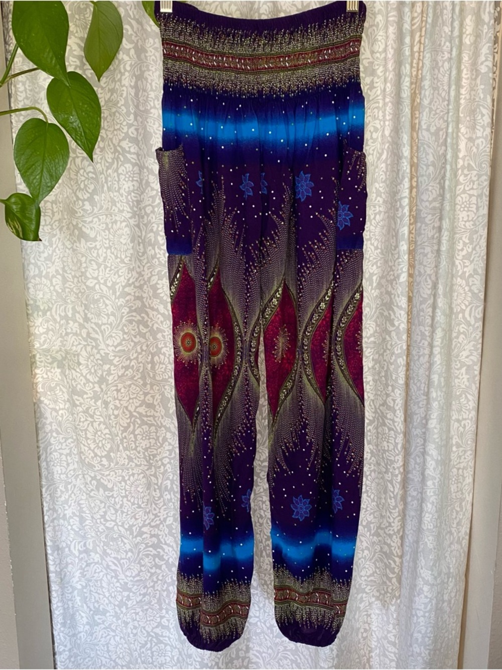 Boho Printed Harem Pants in Deep Purple and Blue